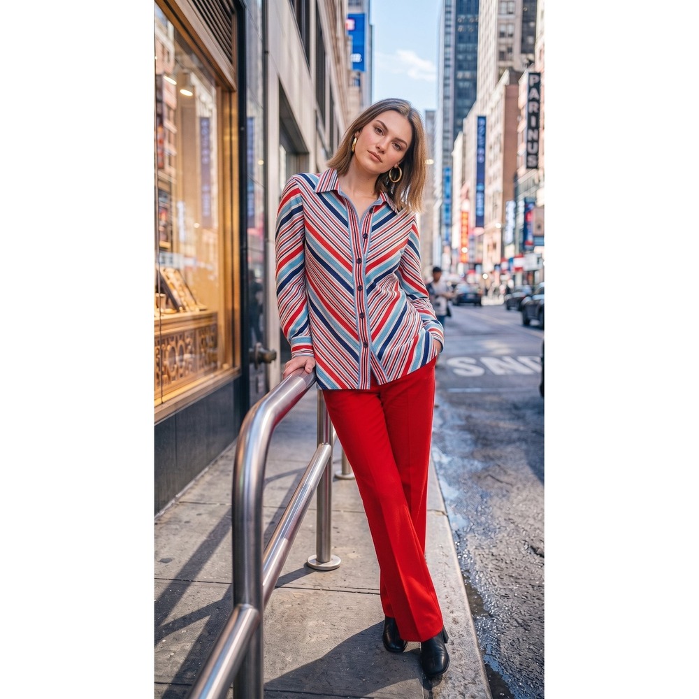Vtg 1970s 2 Pc Blouse And Slacks Sz Med. 100% Poly. Red & Blue